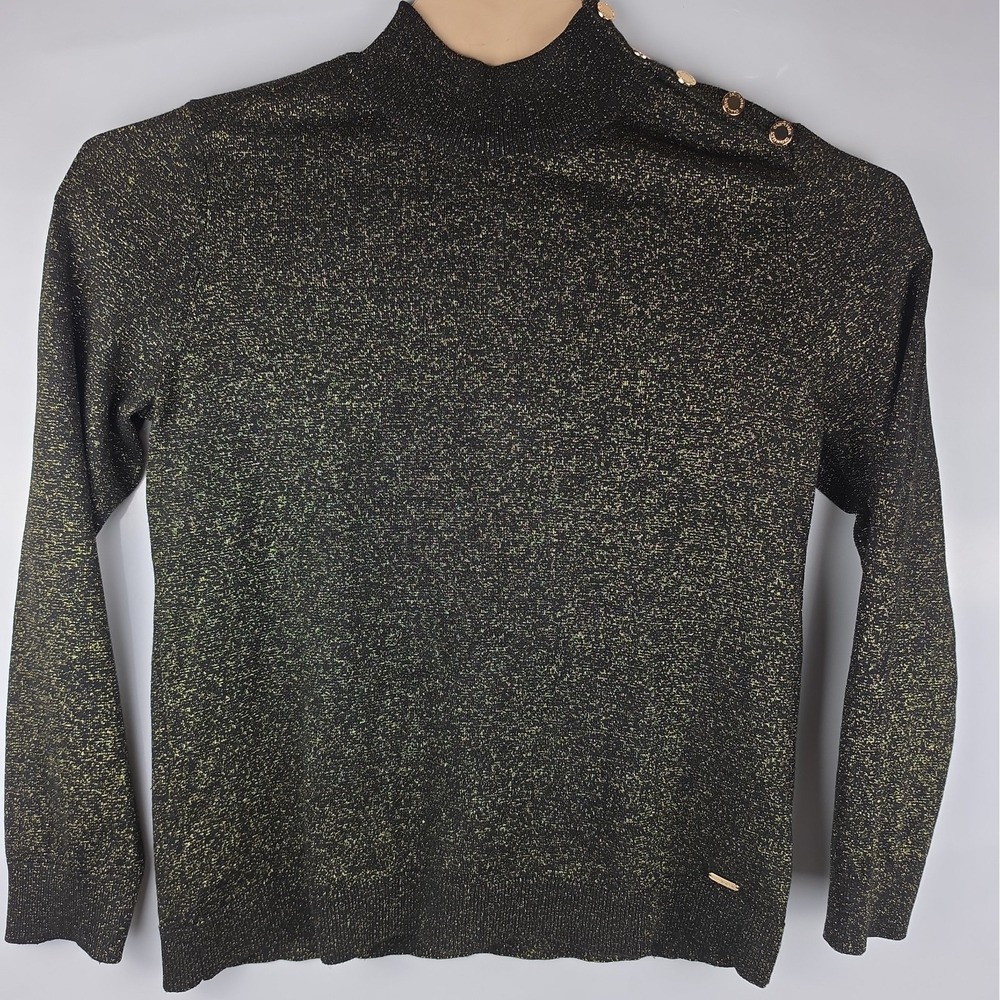 Calvin Klein Gold Metallic Mock Neck Shiny Sweater Long Sleeve Gold Buttons Sz L